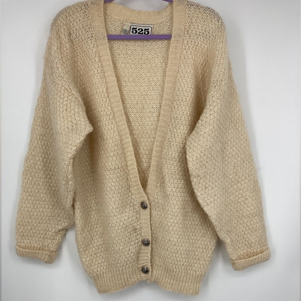 Vintage 525 Mohair Blend Retro Knit Unisex Cardigan Cream Color One Size